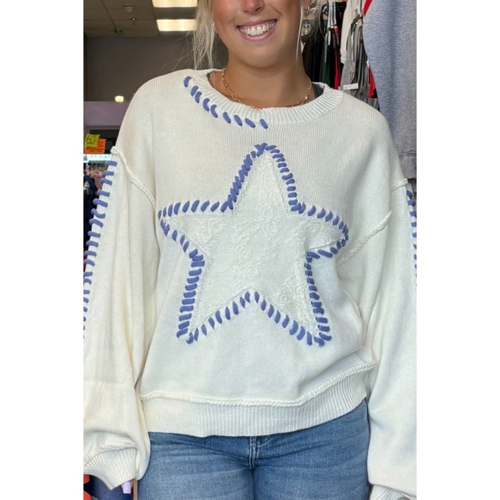 POL Cream with Blue Star Contrast Stitched Relaxed Fit Sweater - Picture 11 of 13